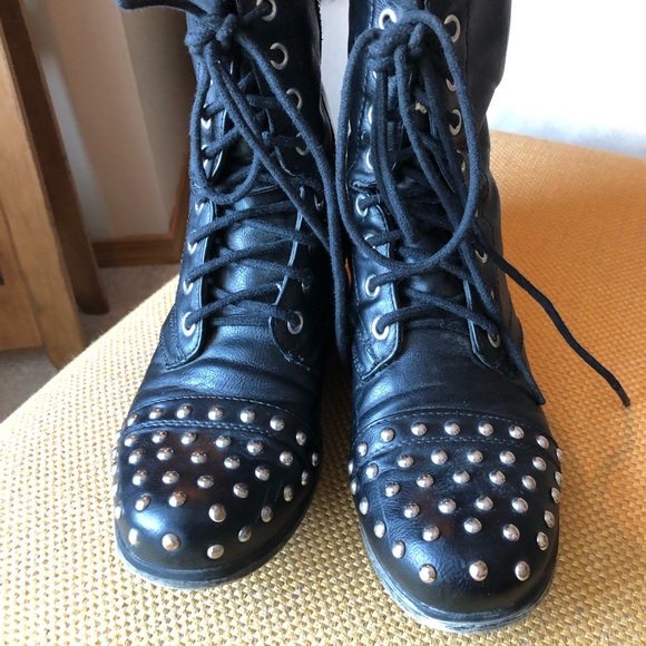 Black combat boots with studded design on front of boot. Gently worn. - Picture 2 of 4